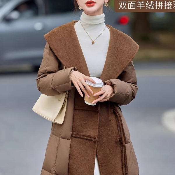 新中式盘扣拼接双面羊绒羽绒服冬装新款韩版气质中长款保暖白鸭绒