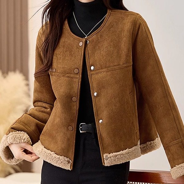 鹿皮绒皮毛一体短外套女冬新款韩版保暖时尚设计感圆领羊羔毛棉衣