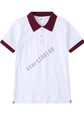 中小学生校服学院英伦风园园服夏装白色翻领短袖 纯棉T恤上衣枣红