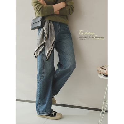 苹果的生活家|随性佰搭 弧形分割复古怀旧休闲阔腿香蕉弯刀牛仔裤