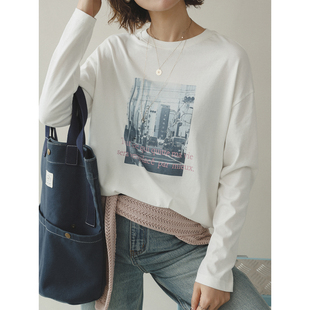 风景字母印花休闲棉长袖 城市漫游 T恤上衣 生活家 苹果