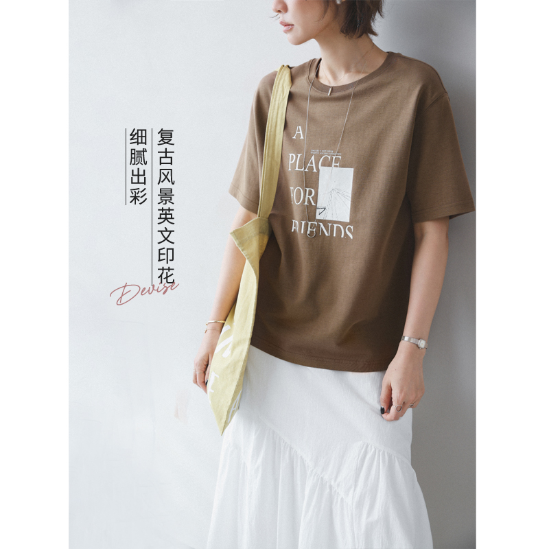 苹果的生活家|复古腔调 风景字母印花宽松落肩夏短袖T恤上衣