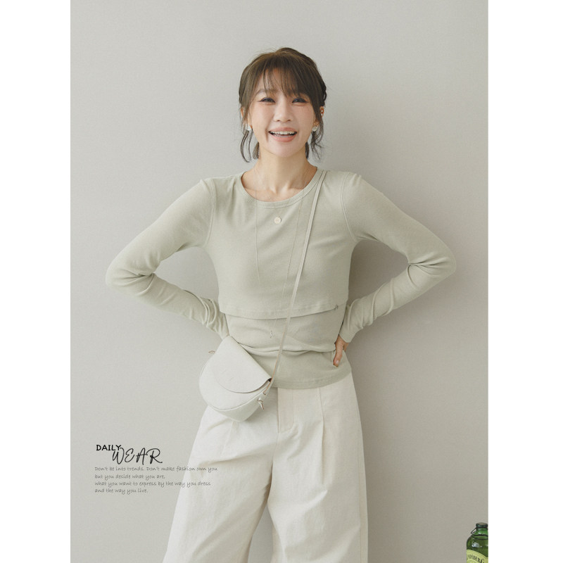 Groxbox细坑条假两件修身长袖T恤