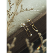 灵动简约 苹果 生活家 回形别针10K金淡水珍珠链条耳钉耳饰耳环