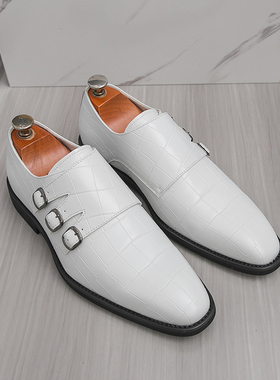 英伦风白色皮鞋尖头三搭扣孟克鞋男商务正装影楼拍照新郎婚鞋大码