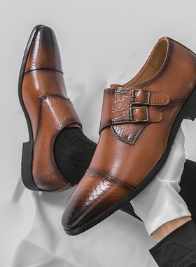 棕色皮鞋男英伦风商务正装孟克鞋子百搭德比鞋影楼拍照新郎结婚鞋