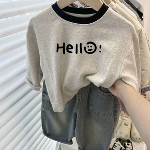 笑脸字母印花纯棉长袖 撞色宽松上衣服ins潮 T恤男女童春秋薄款 韩版