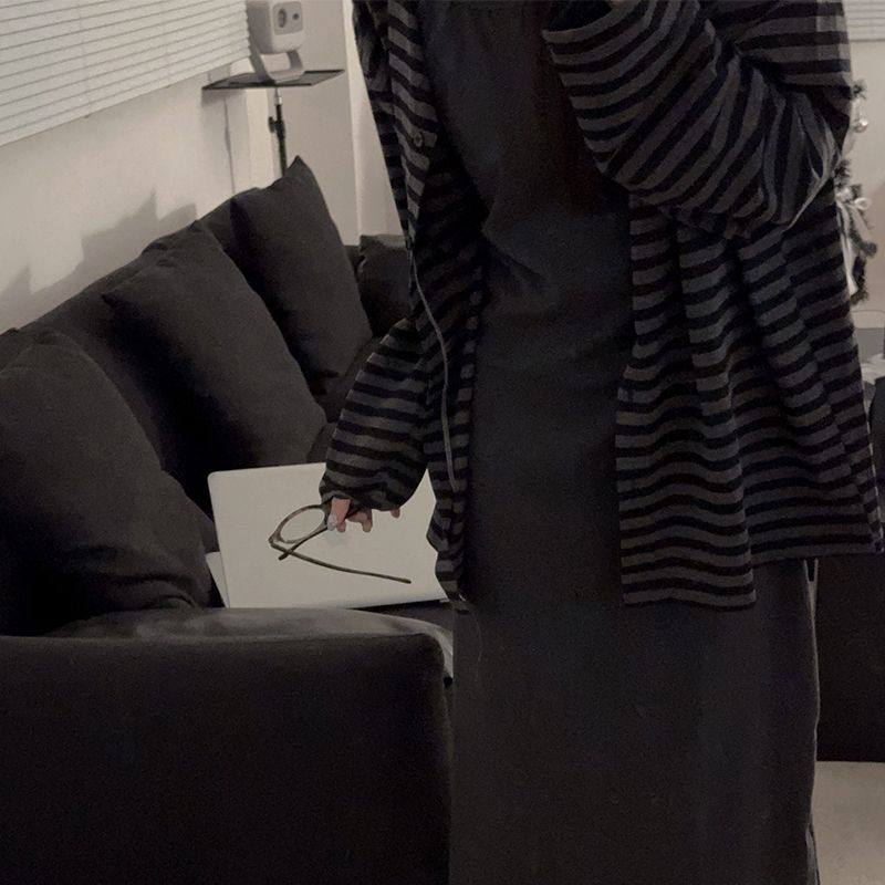 背心中长睡裙女款简约风纯棉春秋季2025年新款条纹开衫外套两件套