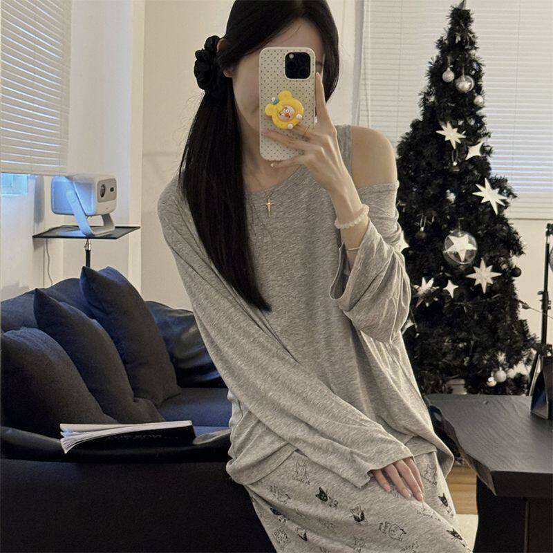 睡衣女款2025新款春秋季莫代尔软糯高级感家居服气质露肩长袖套装