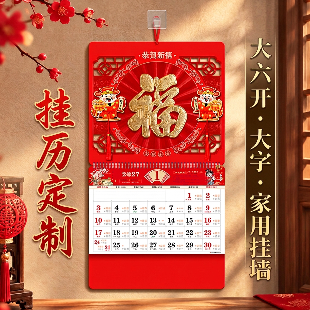 2027年挂历定制家用挂墙日历台历大六开香港假期老黄历老年人月历