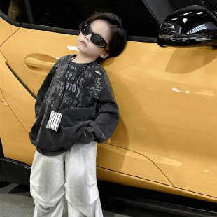 t恤童装 上衣男孩痞帅长袖 潮 儿童洋气个性 男童破洞字母卫衣春秋款