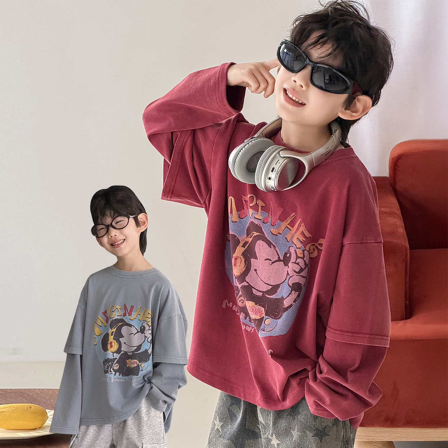 做旧感~男童红色假两件长袖T恤2026春秋款儿童女童洋气宽松打底衫,童装/婴儿装/亲子装,T恤,淘宝优惠券,粉丝福利购,淘宝优惠卷