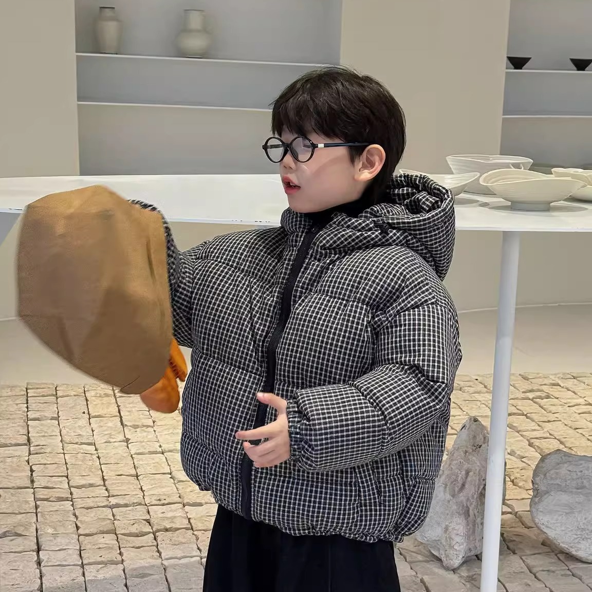 男女童加厚格子连帽棉服面包服