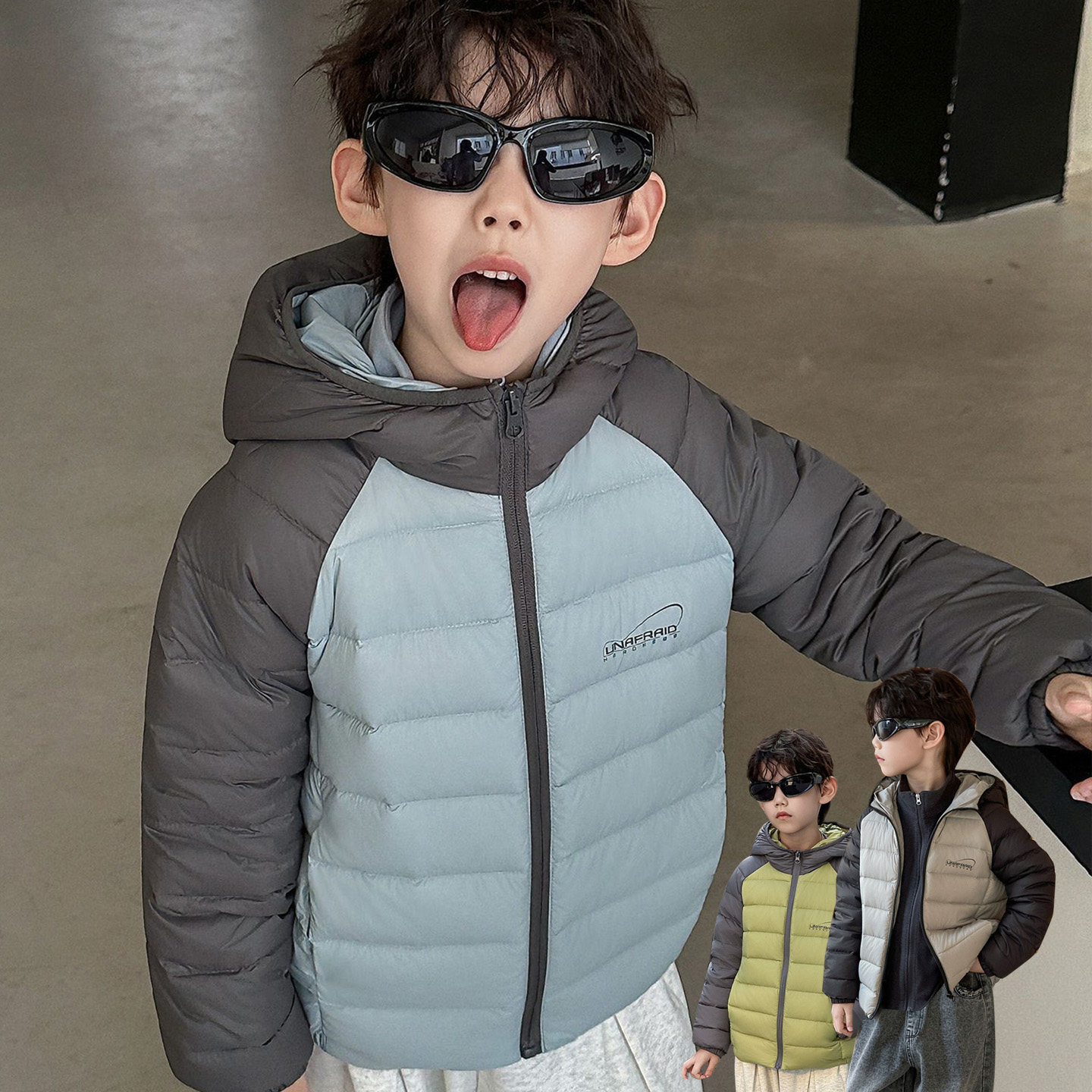 男童短款连帽羽绒服外套90白鸭绒秋冬款儿童拼色轻薄上衣女童装潮