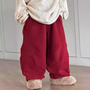 软糯·~男童红色加绒卫裤秋冬款儿童加厚休闲裤女童宽松弯刀裤子
