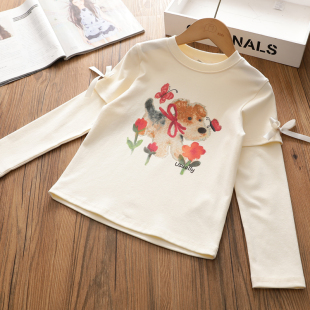 2026春季新款女童长袖T恤 中大童春装卡通数码印花假两件打底衫