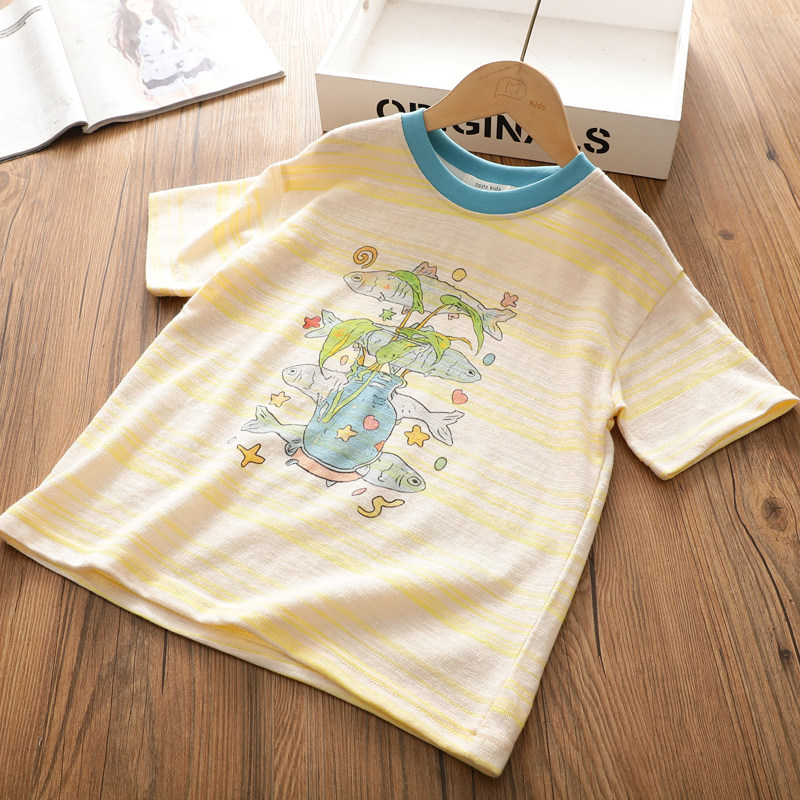 女童夏季新款短袖T恤 韩版卡通数码印花透气条纹撞色领打底衫上衣