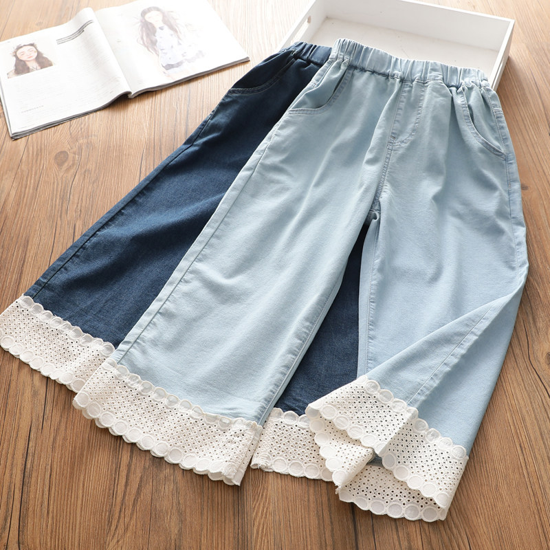 女童夏季新款薄款牛仔九分裤儿童韩版洋气蕾丝裤脚透气休闲防蚊裤