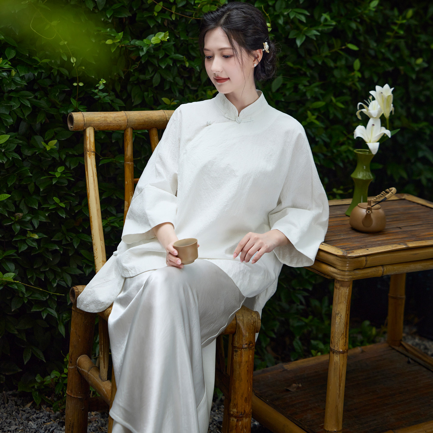栖桐 秋季新中式国风禅意茶服老钱风天丝棉倒大袖上衣中长款衬衫