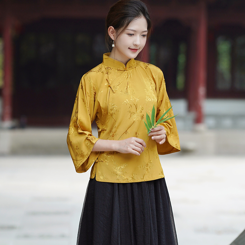 民国风提花秋季倒大袖女茶服上衣