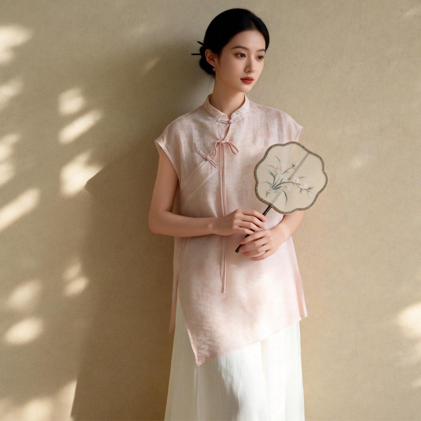 曼殊 夏季天丝提花粉色设计感上衣中式国风文艺中长款茶服薄衬衣