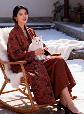 止语 冬季原创文艺复古印花中式宽松禅意棉衣夹棉保暖汉服长袍子