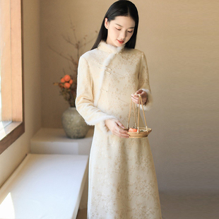 旗袍收腰连衣裙 国风加厚保暖茶服禅意改良年轻款 鹊踏枝 秋冬中式