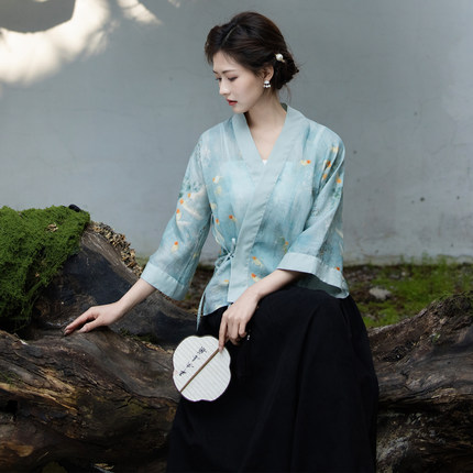 暮归 夏季中式国风汉元素苎麻印花交领小个子短款上衣年轻少女款