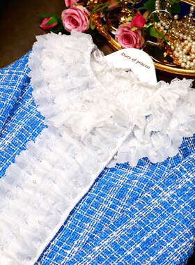 店铺转项经营全场甩卖女童蓝色小香风重工蕾丝花边中长款外套风衣