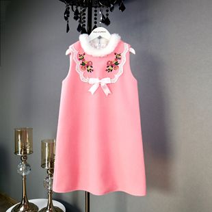 童装女童秋冬新款毛呢连衣裙背心裙绣花蕾丝毛领复古裙子中大童