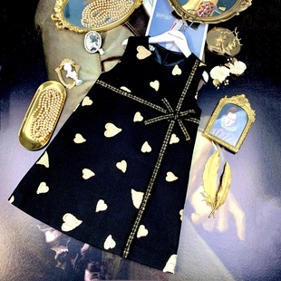 diary princess2024女童秋冬连衣裙毛呢黑色刺绣爱心背心裙