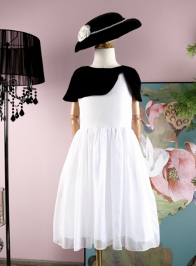 店铺转项经营全场甩卖女童夏装雪纺黑白气质不对称蝴蝶结连衣裙