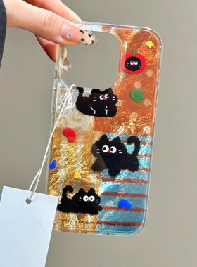 搞怪黑猫适用小米14pro手机壳k70苹果16硅胶vivox100s新款note14女p60荣耀x50防摔xsmax华为mate60高级pura70
