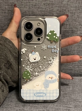 ins圣诞适用iPhone16流沙手机壳苹果14promax小米15新款opporeno12白色雪人x100x200荣耀300华为mate60pura70