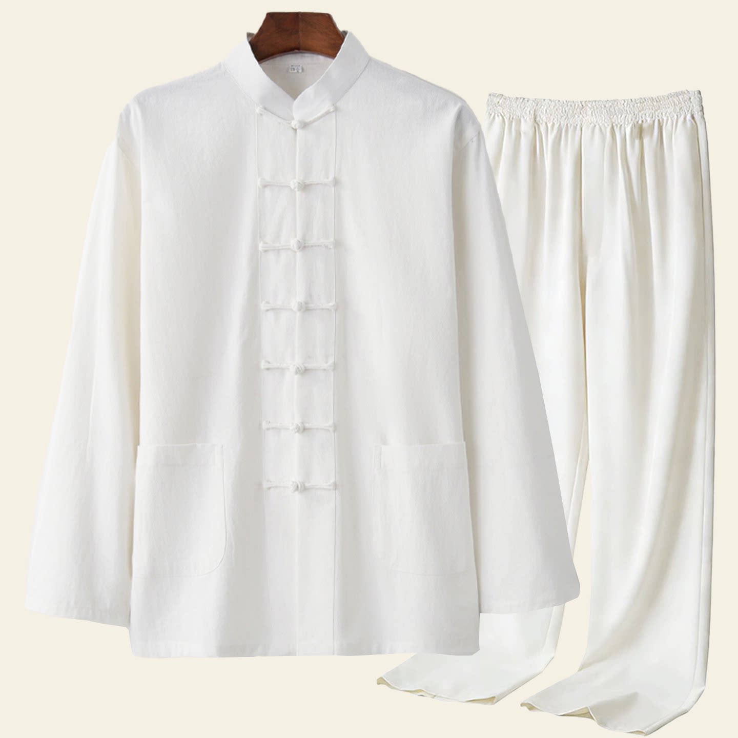 中国风棉麻唐装男长袖白色大码新中式太极服套装春秋中年纯色上衣