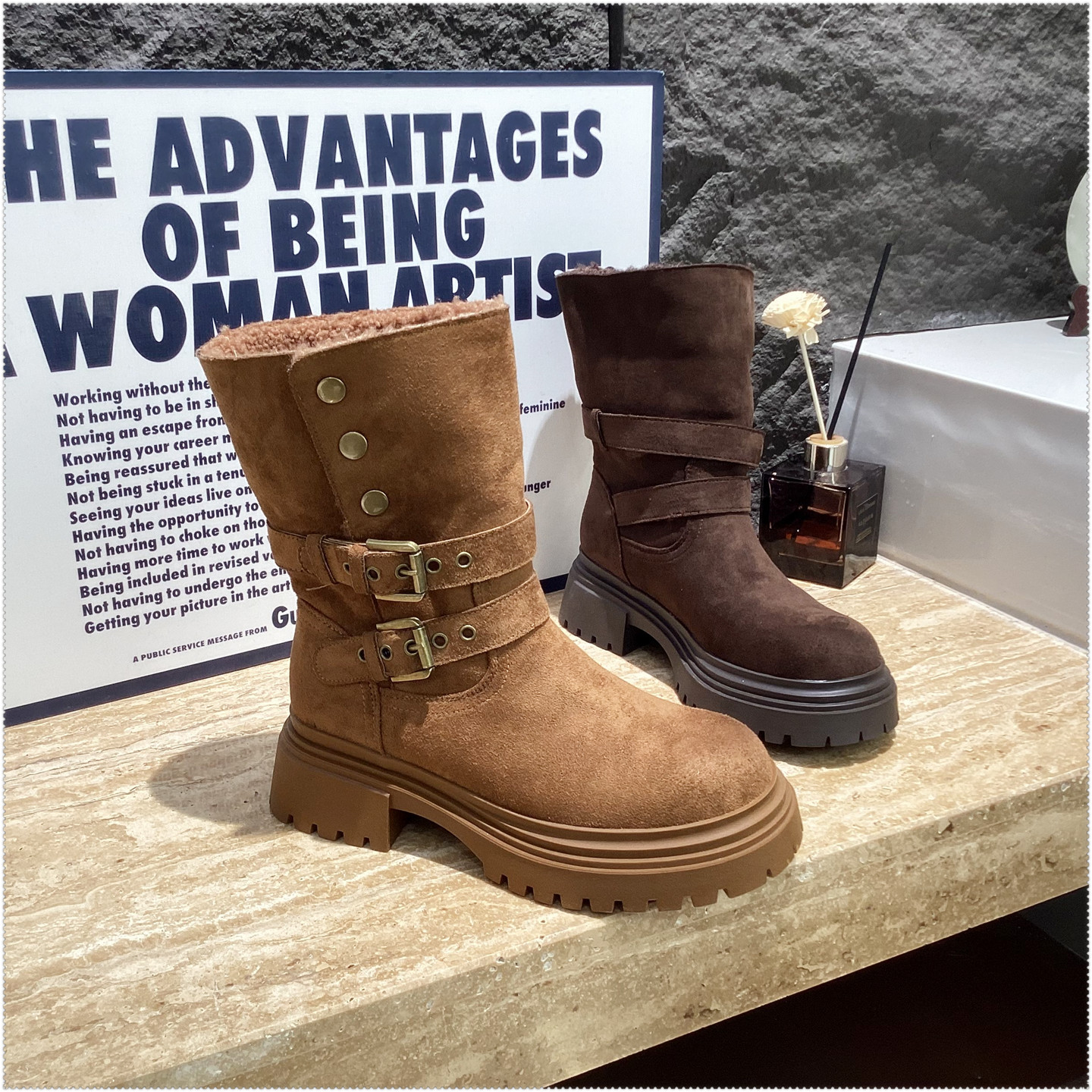 2025冬时尚短靴加绒机车西部靴绒面复古马丁靴厚底艾模儿女靴英伦