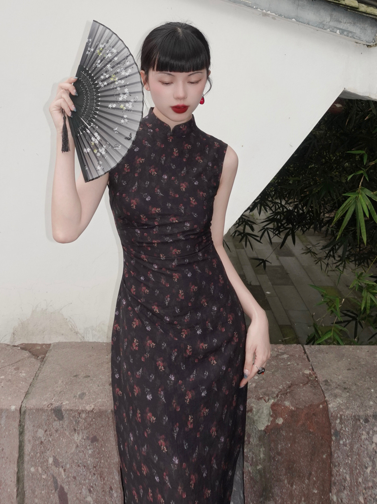 Srose 南兮 复古原创设计感改良黑色旗袍裙新中式国风连衣裙新款