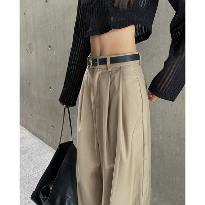 高腰垂感西装裤卡其色阔腿裤女