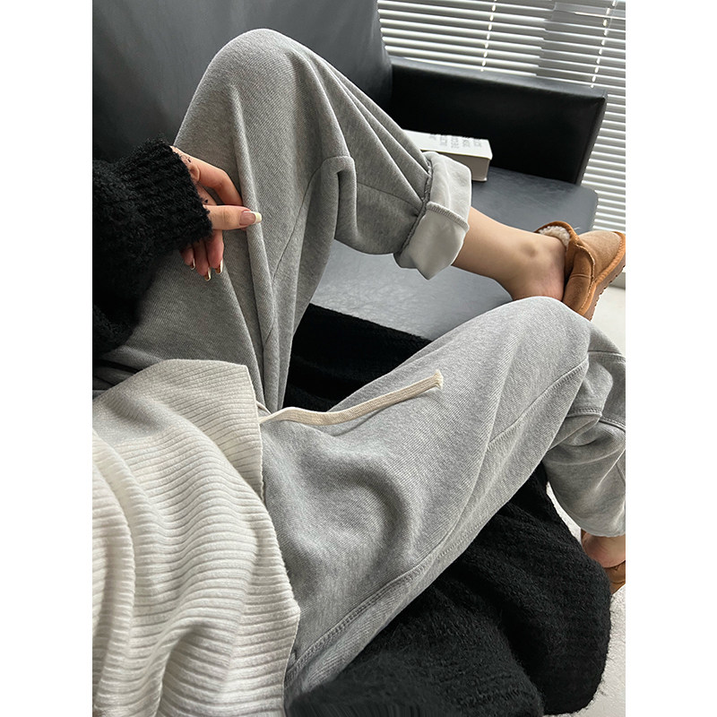 灰色运动裤女宽松束脚ins潮春秋冬高腰学生加绒加厚直筒休闲卫裤