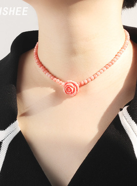 新中式玫瑰花肉粉原创设计渐变项链女复古宫廷高级感轻奢森系超仙
