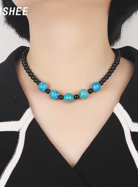 简约设计百搭黑玛瑙蓝松石项链复古民族风中国风新中式锁骨链夏季