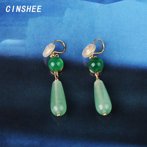 CINSHEE绿色水滴古风耳环中国风