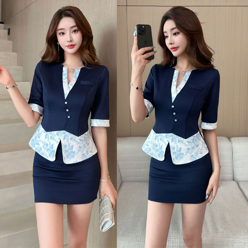 高级感印花拼色中袖短裙套装女气质时尚沐足spa桑拿馆技师工作服