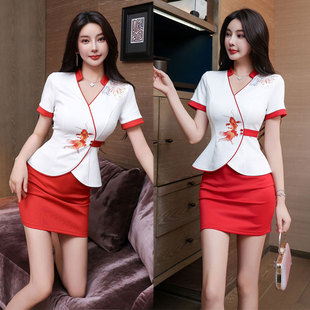 女装 V领酒店前台气质包裙两件套女时尚 显瘦采耳师按摩工作服春季