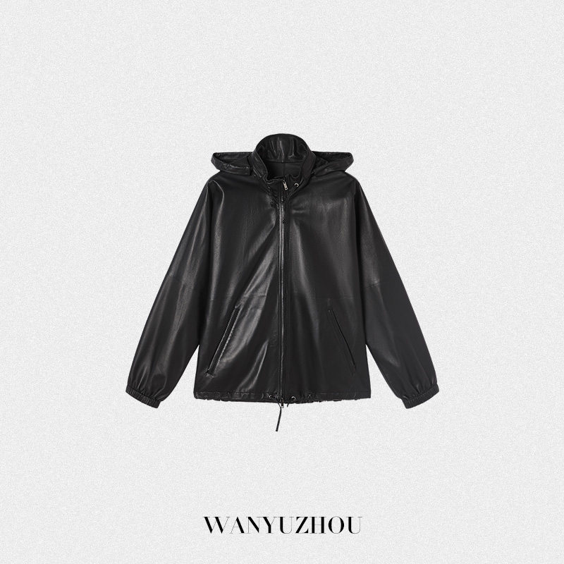 【WANYUZHOU】秋冬新款绵羊皮革立领连帽时尚皮衣短款百搭女士