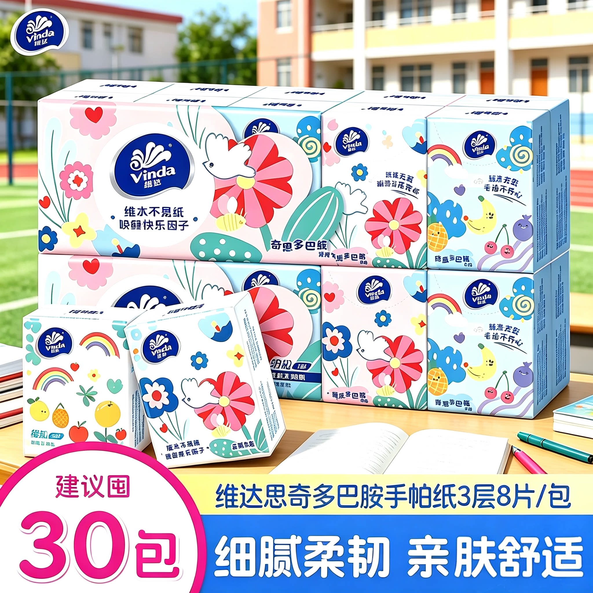 开学季维达手帕纸3层8片无香无印花面巾纸餐巾纸随身便携小包纸巾