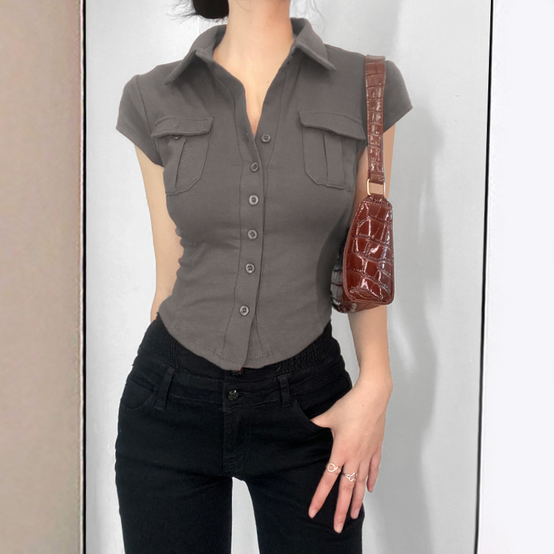 2025新品欧美小众设计感复古辣妹POLO领修身衬衫短款T恤短袖上衣