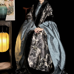 织尚御司鎏金簪花原创汉服旗袍搭配仿兔毛黑毛边披肩围巾秋冬保暖