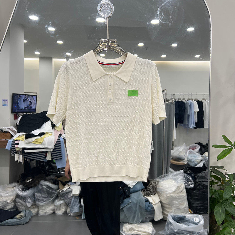 欧洲站2026春季新款时尚polo领短袖针织衫女翻领麻花纹百搭上衣
