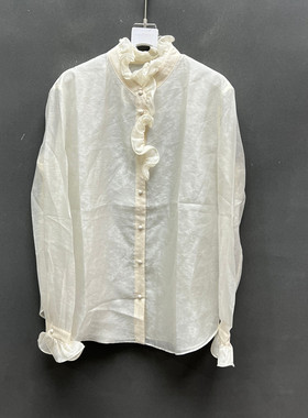 欧洲站2026春季新款时尚法式甜美风木耳边立领雪纺衫女C123